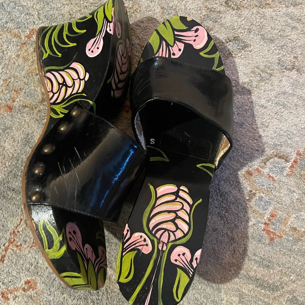 Italian, hand-painted Black and Pink Floral Wedge Shoes